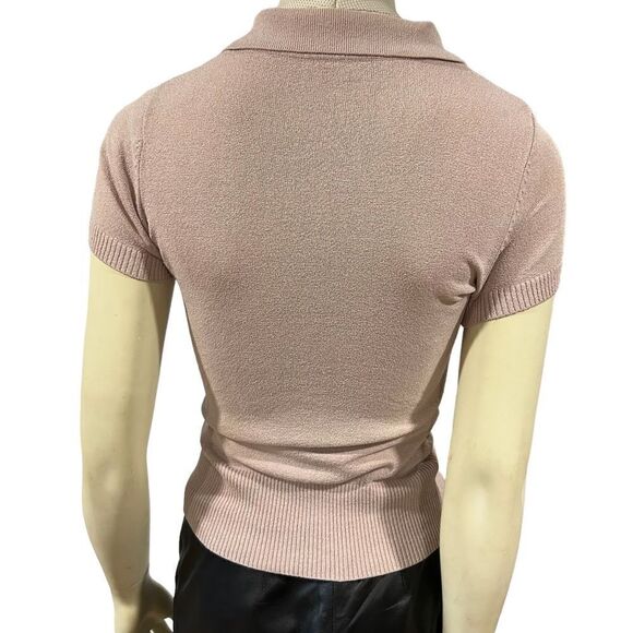 Revolve Bebe Vintage Silk Blend Neck Closure Ribbed Short Sleeve Polo Shirt - Picture 8 of 9